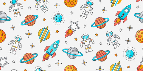 Seamless pattern with astronauts rockets planets and stars on white background