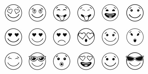 Set of black and white emoticons with different facial expressions
