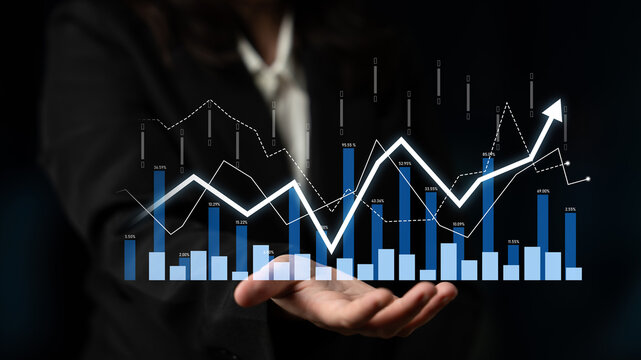 A businesswoman showcases advanced financial graphs highlighting growth and trends, illustrating a commitment to innovation and investment strategies for corporate success. Scalp