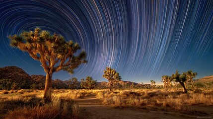 A star trail in the sky above a joshua tree