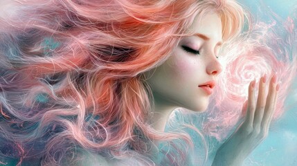 A woman with pink hair and closed eyes, holding a swirling energy form in her hand, creating an ethereal and dreamy mood.