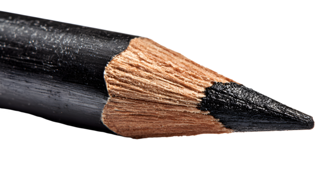 A macro shot of a black colored pencil with a sharpened tip on a black background in high detail