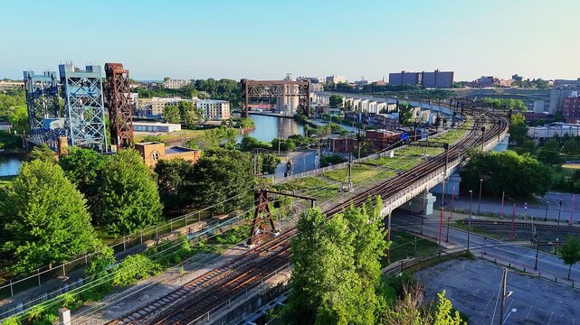 Subway and rail road tracks over Cuyahoga River Irishtown Bend Neighborhood, Cleveland Ohio, USA