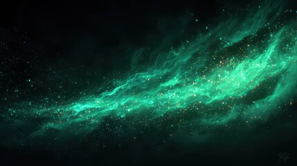 Luminous green fire particles and embers dancing on a black background with explosive burn texture