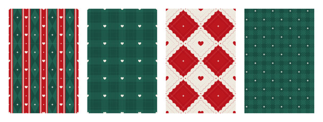 Set of Christmas seamless pattern. Plaid repeating print for wrapping paper, fabric and textile. Red and green xmas backgrounds with heart and star. Diamond shaped texture pattern. Vector illustration
