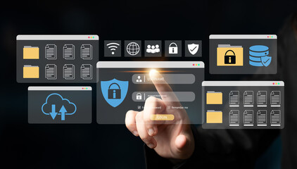 Secure login and file management interface with folder, password, and encryption icons for cybersecurity visualization Parse