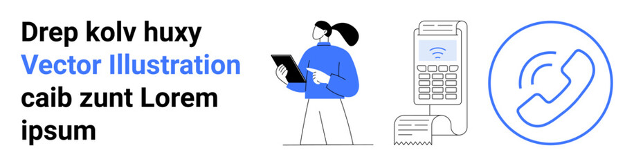 E-commerce, mobile payment, customer service, technology, communication, online transactions. Person holding tablet near payment terminal with receipt and phone icon. E-commerce and mobile payment