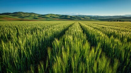 Lush verdant wheat stretches across a tranquil rural landscape under a blue sky