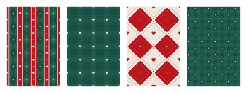 Set of Christmas seamless pattern. Plaid repeating print for wrapping paper, fabric and textile. Red and green xmas backgrounds with heart and star. Diamond shaped texture pattern. Vector illustration