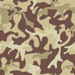 Camouflage pattern background, seamless illustration. Classic military clothing style. Masking camo repeat print. Beige, brown, ocher colors desert texture
