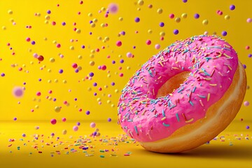Vivid pink donut and candy-like sprinkles pop on yellow-perfect for food advertising, social media, or fun packaging concepts.
