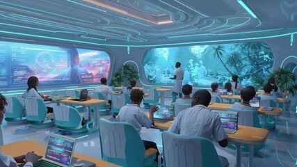Future learning ecosystem, immersive virtual classroom, AI-powered lessons, diverse students using advanced technology, futuristic design - Powered by Adobe