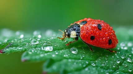 Macro close-up of a red ladybug on a fresh green leaf with morning dew