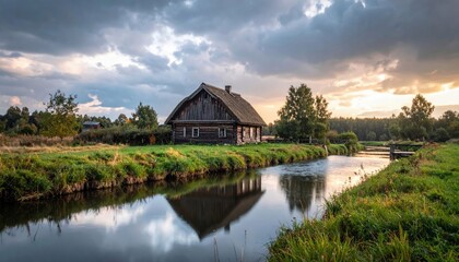 Obraz premium Scenic view of a wooden house next to a river reflecting the sky at sunset. The house is surrounded by green grass and trees, under a cloudy sky.