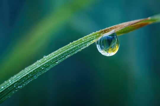 Macro close-up of a dewdrop on a blade of grass in soft natural light