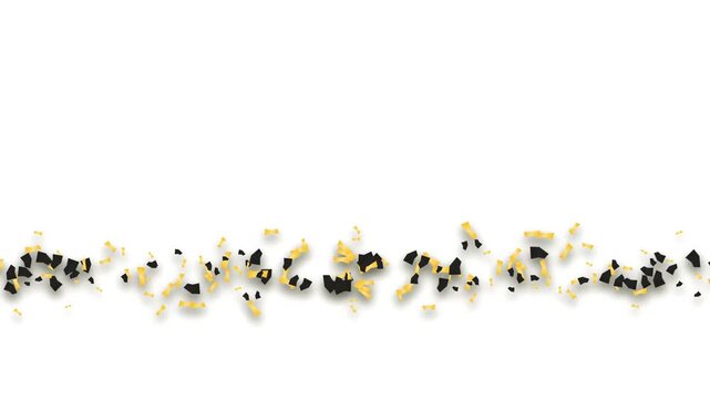 An animation with a festive scatter of black and yellow confetti along the bottom of the scene on a clean white background, creating a light and celebratory border
