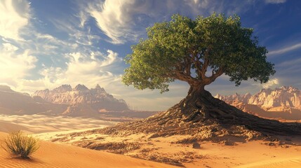 Resilient Tree Thriving in Arid Desert Landscape Under a Dramatic Sky.