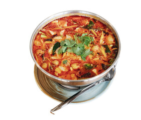 A flavorful and aromatic Thai dish, (Creamy Tom Yum with Mixed Seafood), served hot in a stainless steel pot. This rich red-orange soup features a spicy