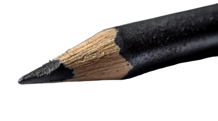A close up of a black pencil with a sharpened point against a dark black background in high definition