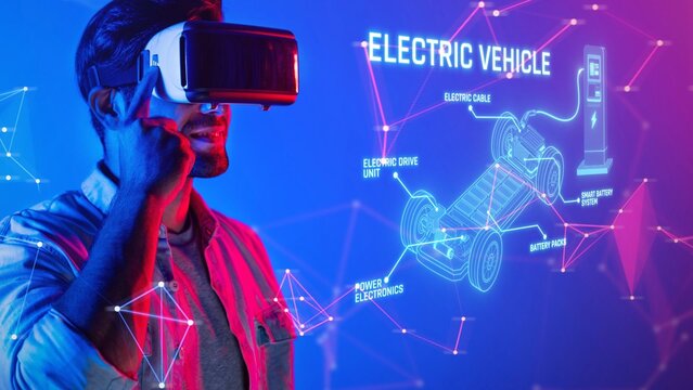 A man explores innovative electric vehicle technology using a virtual reality headset. The vivid neon background enhances the immersive experience of electric mobility concepts. Raster
