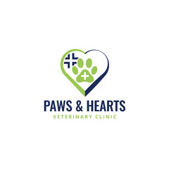 Veterinary clinic logo: heart with paw print and medical cross, pet health care symbol