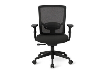 Black office chair with mesh back and armrests, ergonomic swivel modern furniture for comfortable work, transparent background