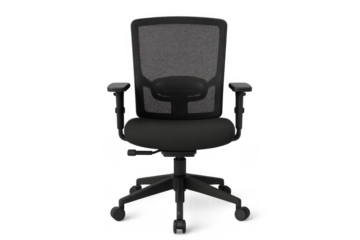 Black office chair with mesh back and armrests, ergonomic swivel modern furniture for comfortable work, transparent background