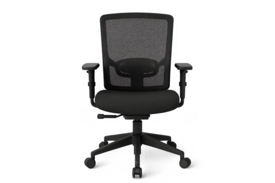 Black office chair with mesh back and armrests, ergonomic swivel modern furniture for comfortable work, transparent background