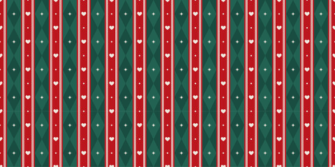 Christmas seamless background with dark green argyle pattern and red stripes. Repeating print for wrapping paper, fabric and textile. Diamond shaped wallpaper with heart and star. Vector illustration