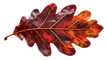 A single oak leaf displaying autumn colors of red orange and brown isolated on a black background