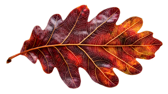 A single oak leaf displaying autumn colors of red orange and brown isolated on a black background