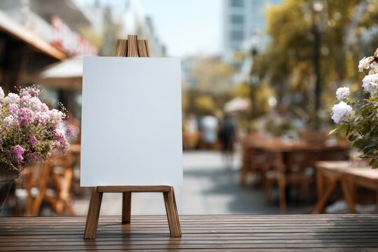 Blank white wooden menu stand mockup standing on the street sidewalk in front of an outdoor cafe shop. Mock-up template poster sign. Outside billboard for advertising, branding. Signage Sandwich board