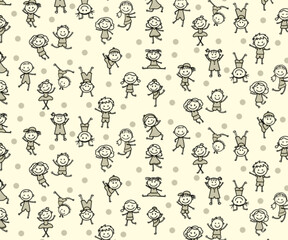 cute kids stick figure set happy children doodle seamless pattern