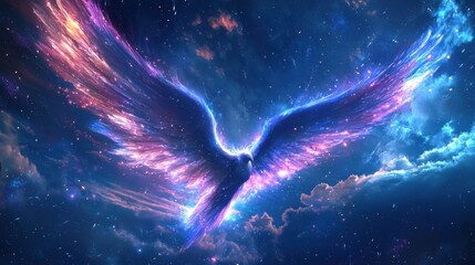 Majestic Phoenix Soaring Through a Celestial Sky with Vibrant Colors.