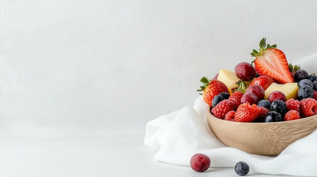 A wooden bowl filled with a colorful assortment of fresh fruits, including strawberries, blueberries, raspberries, grapes, and melon, sits on a white cloth agai - Powered by Adobe