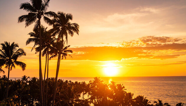 Tropical island sunset with silhouette of palm trees, hot summer day vacation background, golden sky with sun setting over horizon - Powered by Adobe