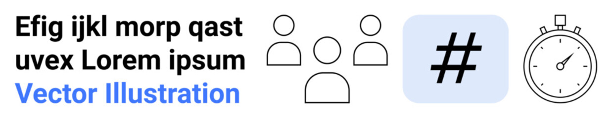 Three user icons, bold metadata tag, stopwatch, and placeholder text emphasize teamwork, social engagement, time management. Ideal for networking, productivity, deadlines multitasking digital
