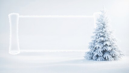 Minimalist white snowy scene background with a hint of subtle texture and a single frosted fir tree, large central text area for a winter wonderland blank banner.