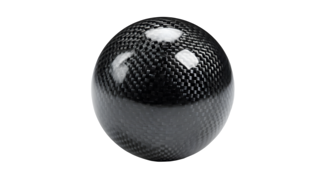 A close up shot of a spherical carbon fiber object with a glossy finish on a black background