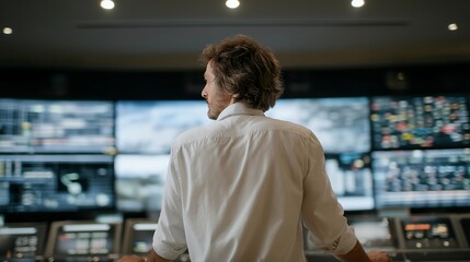 A systems engineer standing in front of a massive control wall filled with live data streams, adjusting parameters as glowing dashboards update in real time — precision oversight, high-tech