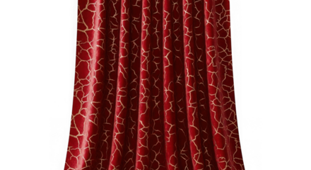 Rich red velvet curtain with a subtle gold pattern isolated on transparent background