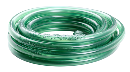 A coiled green garden hose with water droplets resting on its surface against a black background