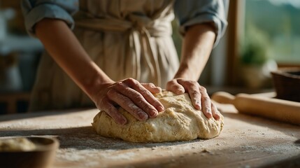 Fototapeta premium A baker kneading naturally fermented sourdough dough on a wooden table, bubbles forming beneath the surface as wild yeast activates — traditional breadmaking, artisanal fermentation, and slow-food