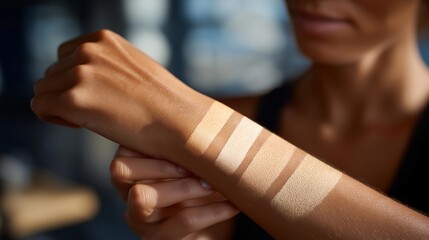 A cosmetics tester swatching new foundation shades on their forearm under studio lighting, comparing undertones and formula consistency &mdash; beauty product quality testing, complexion analysis, and