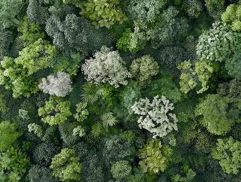 An aerial view of a dense forest canopy with various shades of green foliage, creating a textured and natural environment.
