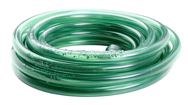 A coiled green garden hose with water droplets resting on its surface against a black background