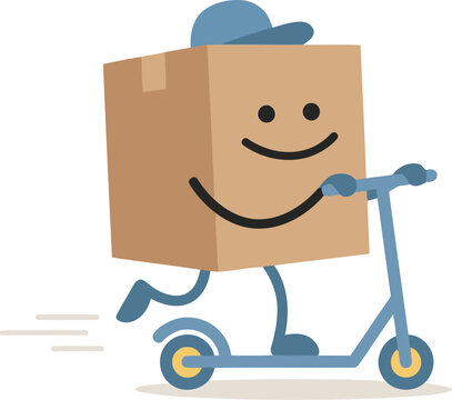 Happy box character rides a scooter for fast delivery offering efficient service and punctual shipping
