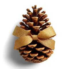 Pine cone with golden ribbon isolated on white background for christmas