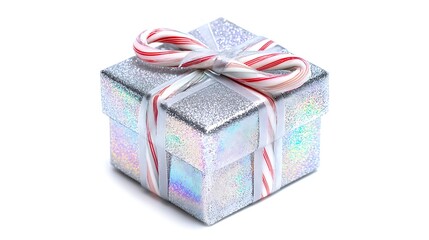Shiny silver gift box with red and white ribbon isolated on white background