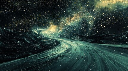 Mystical River Flowing Through a Starry Night Landscape.